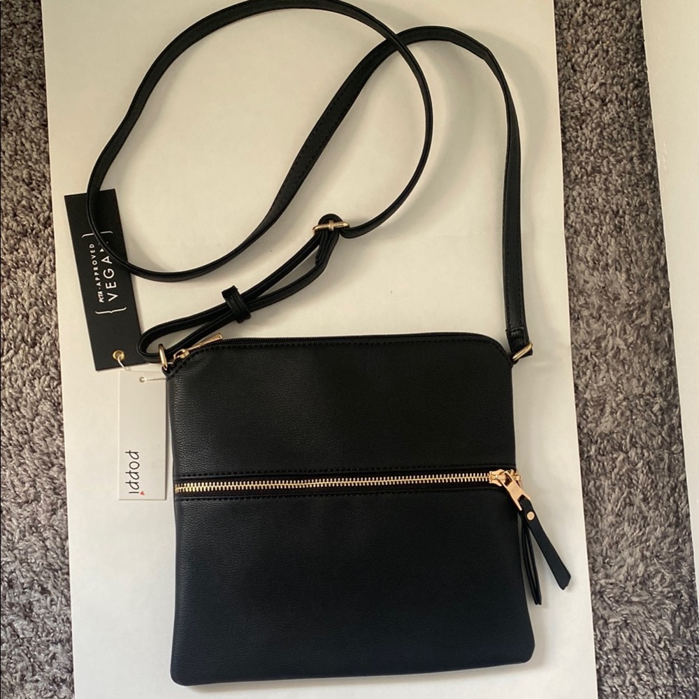 Poppi Vegan Black Crossbody Bag with adjustable strap & gold accents NWT